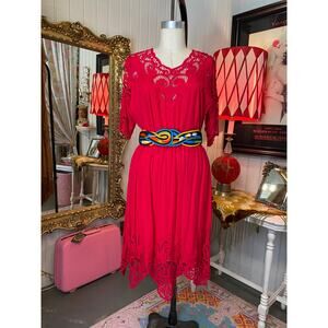 vintage 1980s 2 piece cut work skirt and top red rayon bali lace embroidery med